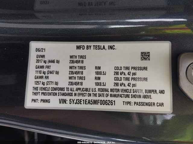 Продаж на аукціоні авто 2021 Tesla Model 3 Standard Range Plus Rear-wheel Drive, vin: 5YJ3E1EA5MF006261, номер лоту: 44926515