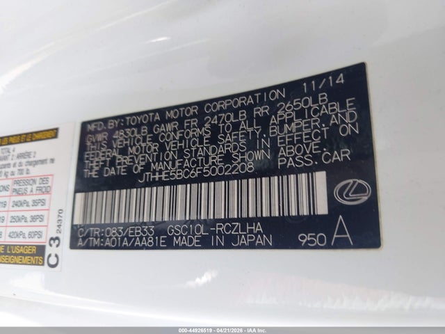 Aukcja sprzedaży 2015 Lexus Rc 350, vin: JTHHE5BC6F5002208, numer aukcji: 44926519