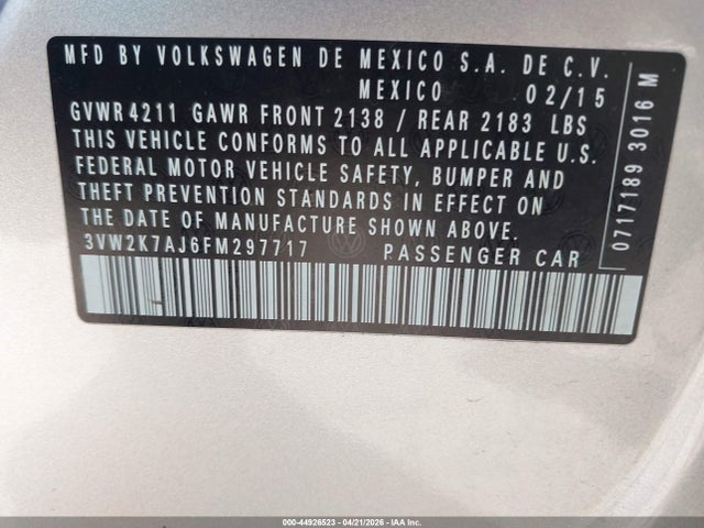 Aukcja sprzedaży 2015 Volkswagen Jetta 2.0l S, vin: 3VW2K7AJ6FM297717, numer aukcji: 44926523