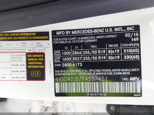 Aukcja sprzedaży 2015 Mercedes-benz Ml 350, vin: 4JGDA5JB7FA557451, numer aukcji: 44926524