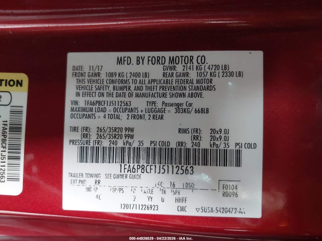 Aukcja sprzedaży 2018 Ford Mustang Gt Premium, vin: 1FA6P8CF1J5112563, numer aukcji: 44926529