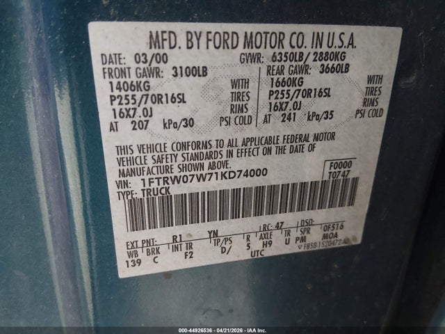 44926536 :رقم المزاد ، 1FTRW07W71KD74000 vin ، 2001 Ford F-150 Harley-davidson Edition/king Ranch Edition/lariat/xlt مزاد بيع