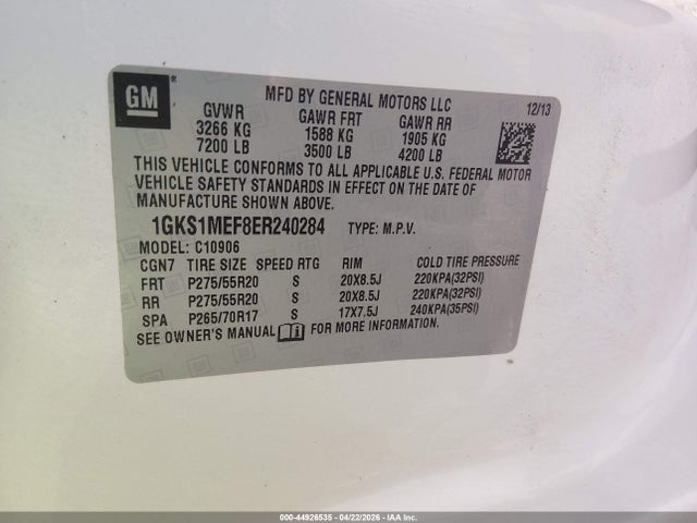 Aukcja sprzedaży 2014 Gmc Yukon Xl 1500 Denali, vin: 1GKS1MEF8ER240284, numer aukcji: 44926535