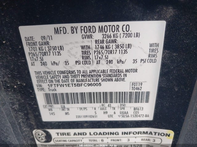 2011 Ford F-150 Xlt მანქანა იყიდება აუქციონზე, vin: 1FTFW1ET5BFC96005, აუქციონის ნომერი: 44926542