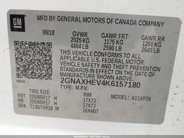 44926543 :رقم المزاد ، 2GNAXHEV4K6157180 vin ، 2019 Chevrolet Equinox Ls مزاد بيع