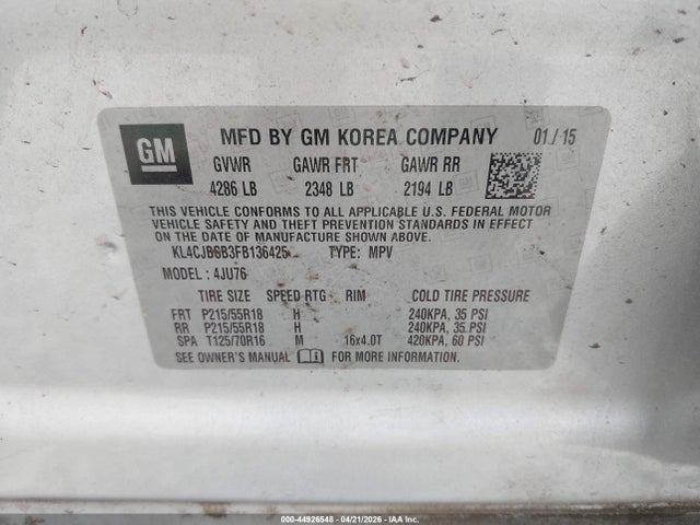 Aukcja sprzedaży 2015 Buick Encore Convenience, vin: KL4CJBSB3FB136425, numer aukcji: 44926548
