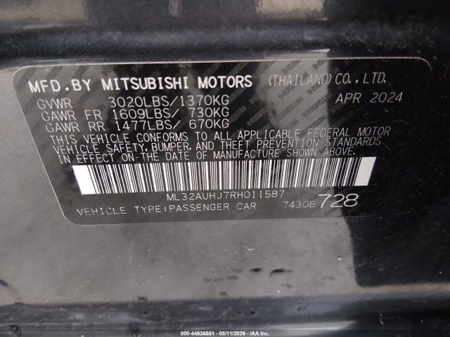 Продаж на аукціоні авто 2024 Mitsubishi Mirage Es/le, vin: ML32AUHJ7RH011587, номер лоту: 44926551
