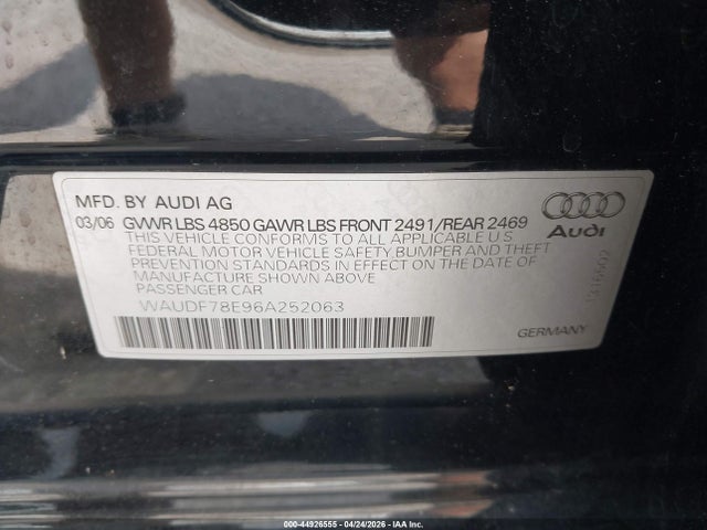 Продажа на аукционе авто 2006 Audi A4 2.0t, vin: WAUDF78E96A252063, номер лота: 44926555