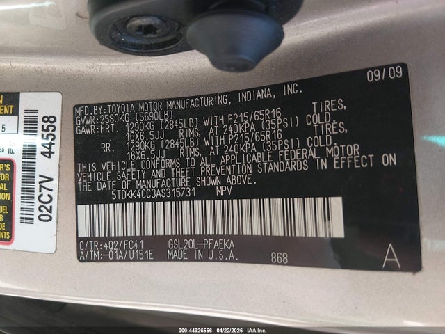 44926556 :رقم المزاد ، 5TDKK4CC3AS315731 vin ، 2010 Toyota Sienna Le مزاد بيع
