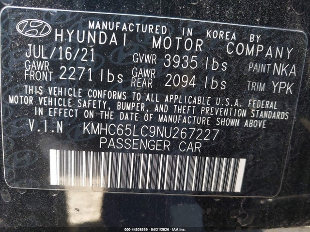 44926559 :رقم المزاد ، KMHC65LC9NU267227 vin ، 2022 Hyundai Ioniq Hybrid Blue مزاد بيع