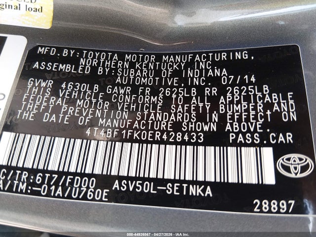 44926567 :رقم المزاد ، 4T4BF1FK0ER428433 vin ، 2014 Toyota Camry Le مزاد بيع