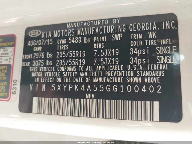 44926571 :رقم المزاد ، 5XYPK4A55GG100402 vin ، 2016 Kia Sorento 3.3l Sxl مزاد بيع