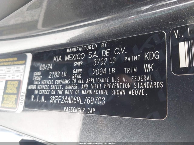 Продажа на аукционе авто 2024 Kia Forte Lx, vin: 3KPF24AD6RE769703, номер лота: 44926579