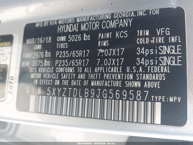 44926583 :رقم المزاد ، 5XYZTDLB9JG569587 vin ، 2018 Hyundai Santa Fe Sport 2.4l مزاد بيع