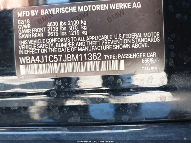 2018 Bmw 430i Gran Coupe მანქანა იყიდება აუქციონზე, vin: WBA4J1C57JBM11362, აუქციონის ნომერი: 44926586