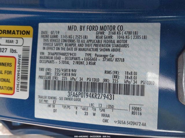 Ford FUSION SE 2019 3FA6P0T94KR279431 Image 9