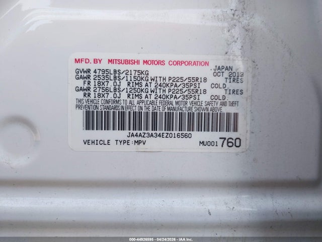 Aukcja sprzedaży 2014 Mitsubishi Outlander Se, vin: JA4AZ3A34EZ016560, numer aukcji: 44926595