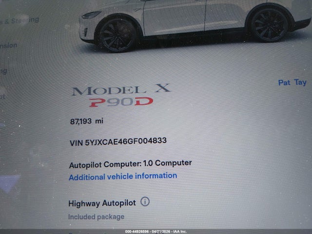Aukcja sprzedaży 2016 Tesla Model X 60d/p100d/p90d, vin: 5YJXCAE46GF004833, numer aukcji: 44926596