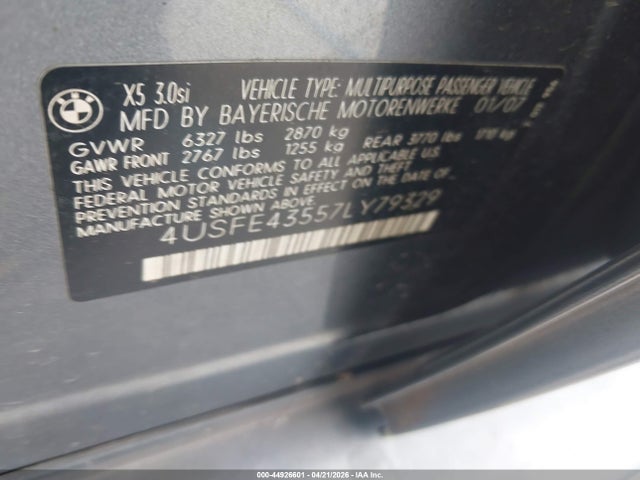 Продажа на аукционе авто 2007 Bmw X5 3.0si, vin: 4USFE43557LY79329, номер лота: 44926601
