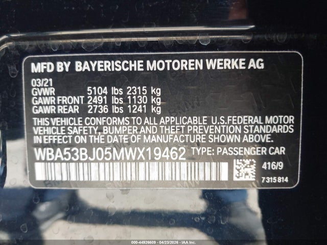2021 Bmw 540i მანქანა იყიდება აუქციონზე, vin: WBA53BJ05MWX19462, აუქციონის ნომერი: 44926609