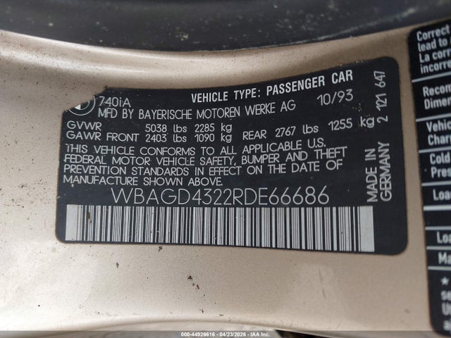 44926616 :رقم المزاد ، WBAGD4322RDE66686 vin ، 1994 Bmw 740 I Automatic مزاد بيع