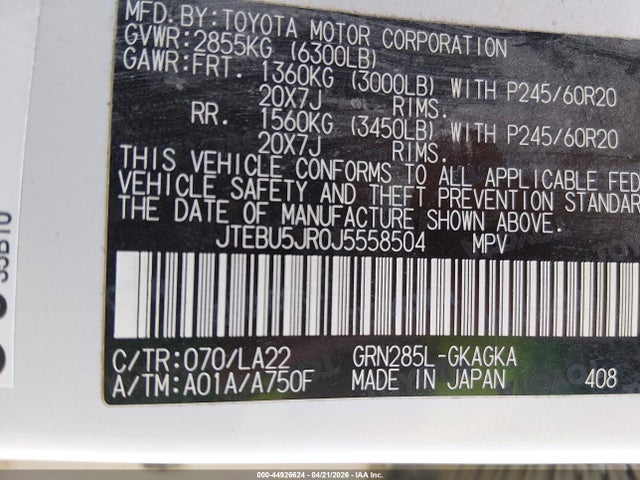 JTEBU5JR0J5558504 Toyota 4runner Limited