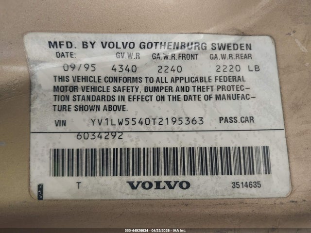 Aukcja sprzedaży 1996 Volvo 850 Glt, vin: YV1LW5540T2195363, numer aukcji: 44926634
