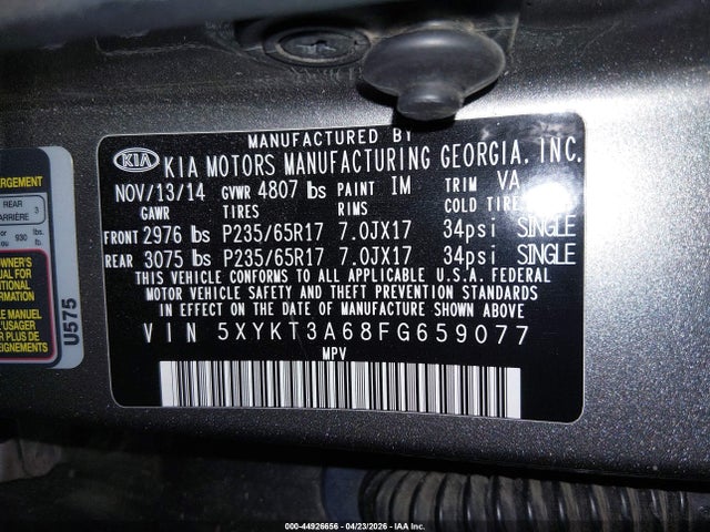 Продажа на аукционе авто 2015 Kia Sorento Lx, vin: 5XYKT3A68FG659077, номер лота: 44926656