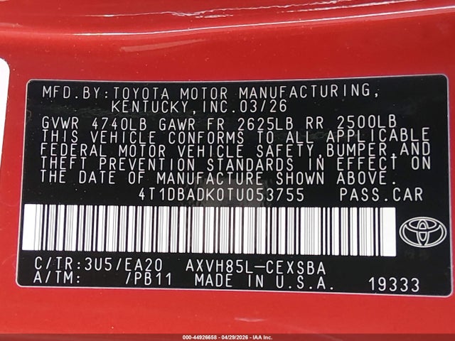 2026 Toyota Camry Nightshade მანქანა იყიდება აუქციონზე, vin: 4T1DBADK0TU053755, აუქციონის ნომერი: 44926658