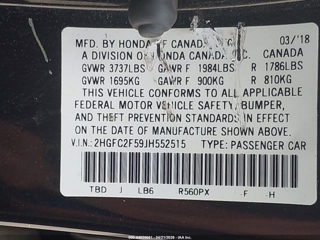 Honda Civic Lx 2018 2HGFC2F59JH552515 Image 9