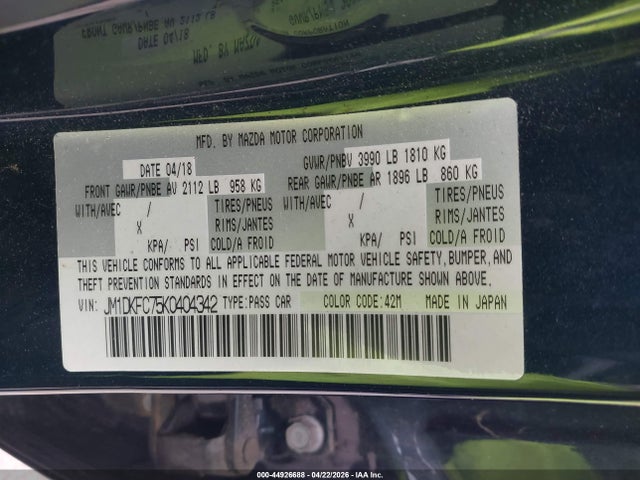 44926688 :رقم المزاد ، JM1DKFC75K0404342 vin ، 2019 Mazda Cx-3 Touring مزاد بيع
