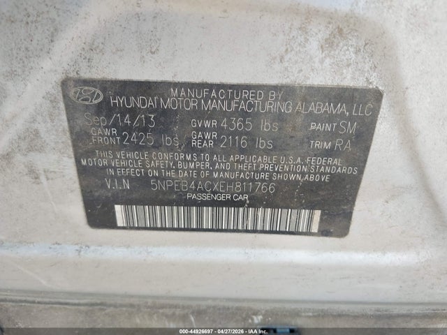 2014 Hyundai Sonata Gls მანქანა იყიდება აუქციონზე, vin: 5NPEB4ACXEH811766, აუქციონის ნომერი: 44926697