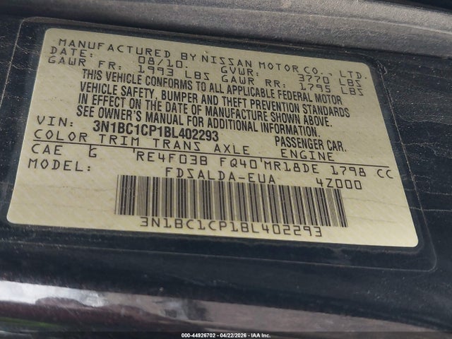 2011 Nissan Versa 1.8s მანქანა იყიდება აუქციონზე, vin: 3N1BC1CP1BL402293, აუქციონის ნომერი: 44926702