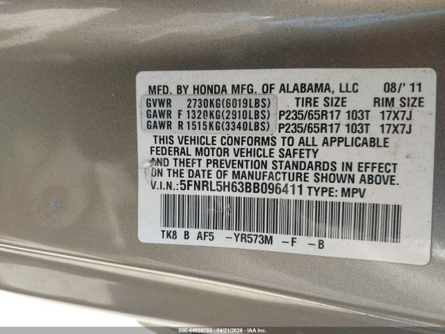 2011 Honda Odyssey Ex-l მანქანა იყიდება აუქციონზე, vin: 5FNRL5H63BB096411, აუქციონის ნომერი: 44926703