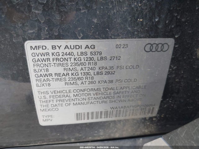 Aukcja sprzedaży 2023 Audi Q5 Premium 40 Tfsi Quattro S Tronic, vin: WA1ABAFY0P2106054, numer aukcji: 44926704
