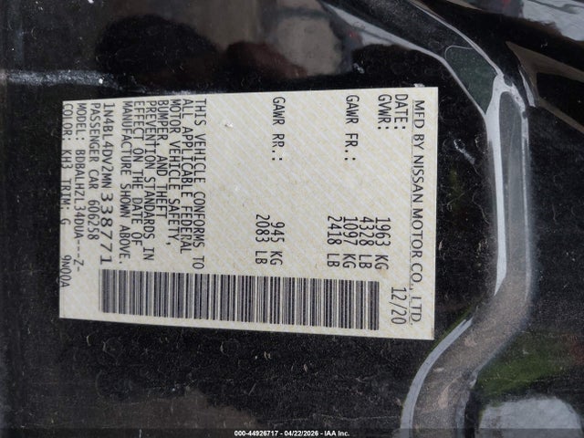 Aukcja sprzedaży 2021 Nissan Altima Sv Fwd, vin: 1N4BL4DV2MN338771, numer aukcji: 44926717