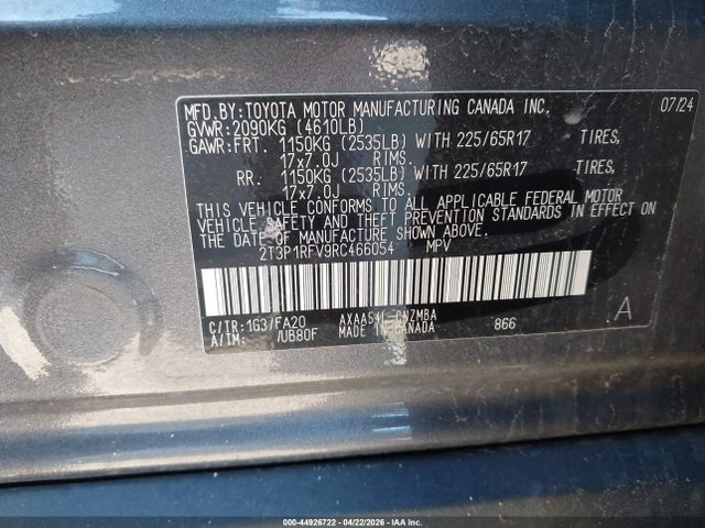 Продажа на аукционе авто 2024 Toyota Rav4 Xle, vin: 2T3P1RFV9RC466054, номер лота: 44926722