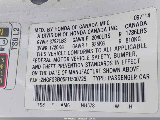 2HGFG3B05FH500729 Honda Civic Ex-l
