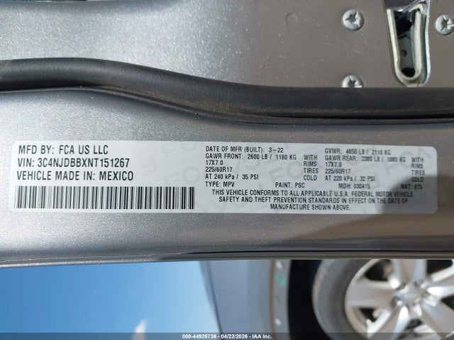Продаж на аукціоні авто 2022 Jeep Compass Latitude 4x4, vin: 3C4NJDBBXNT151267, номер лоту: 44926736