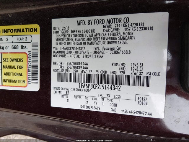 44926750 :رقم المزاد ، 1FA6P8CF2J5144342 vin ، 2018 Ford Mustang Gt Premium مزاد بيع