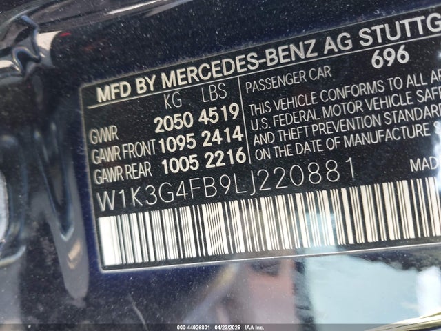 44926801 :رقم المزاد ، W1K3G4FB9LJ220881 vin ، 2020 Mercedes-benz A 220 4matic مزاد بيع