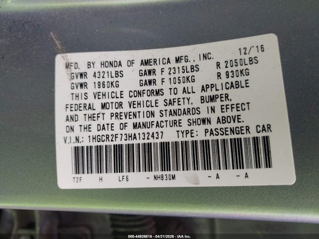 Honda ACCORD EX 2017 1HGCR2F73HA132437 Image 9