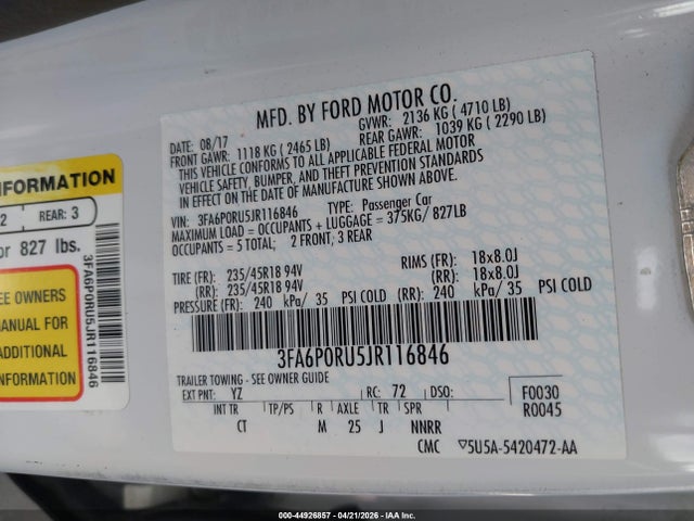 3FA6P0RU5JR116846 Ford Fusion Hybrid Titanium
