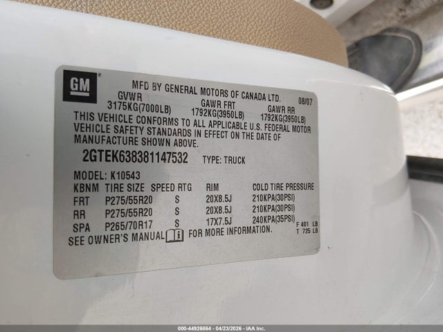 44926864 :رقم المزاد ، 2GTEK638381147532 vin ، 2008 Gmc Sierra 1500 Denali مزاد بيع