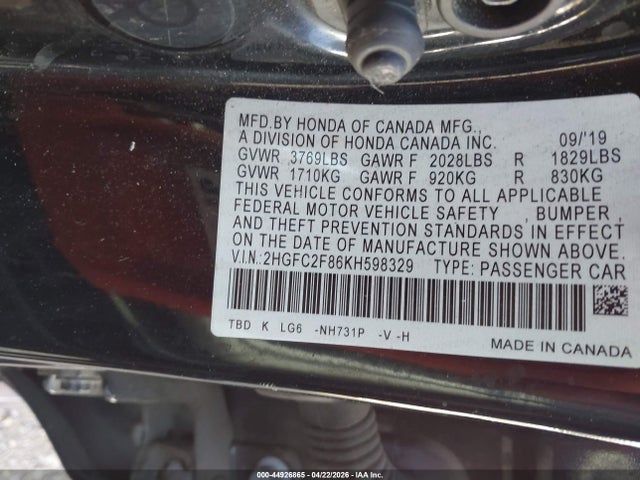 44926865 :رقم المزاد ، 2HGFC2F86KH598329 vin ، 2019 Honda Civic Sport مزاد بيع