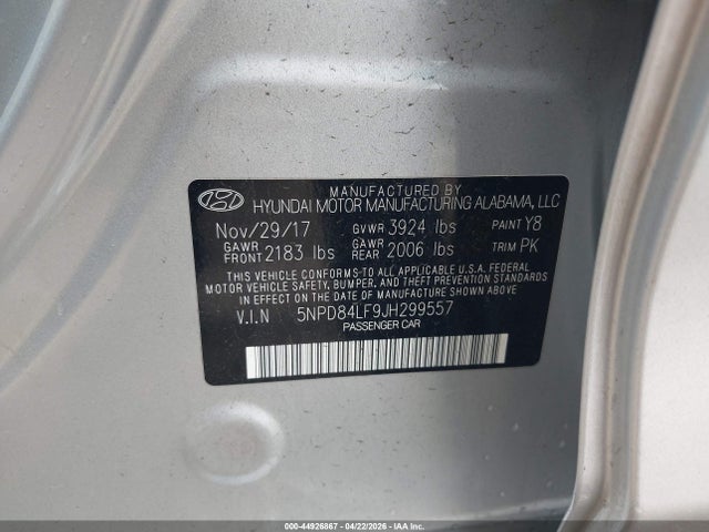 Aukcja sprzedaży 2018 Hyundai Elantra Sel, vin: 5NPD84LF9JH299557, numer aukcji: 44926867