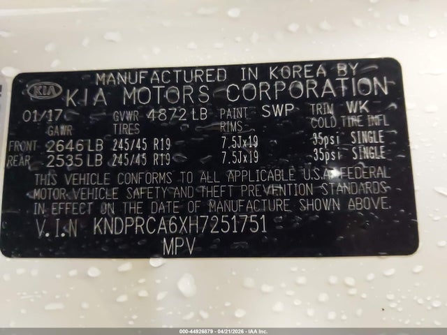 44926879 :رقم المزاد ، KNDPRCA6XH7251751 vin ، 2017 Kia Sportage Sx Turbo مزاد بيع