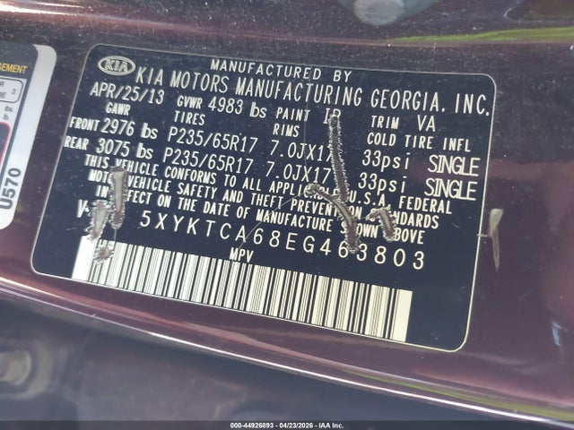 KIA SORENTO LX 2014 5XYKTCA68EG463803 Image 9