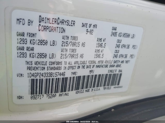 Продажа на аукционе авто 2003 Dodge Grand Caravan Se, vin: 1D4GP24333B157446, номер лота: 44926904