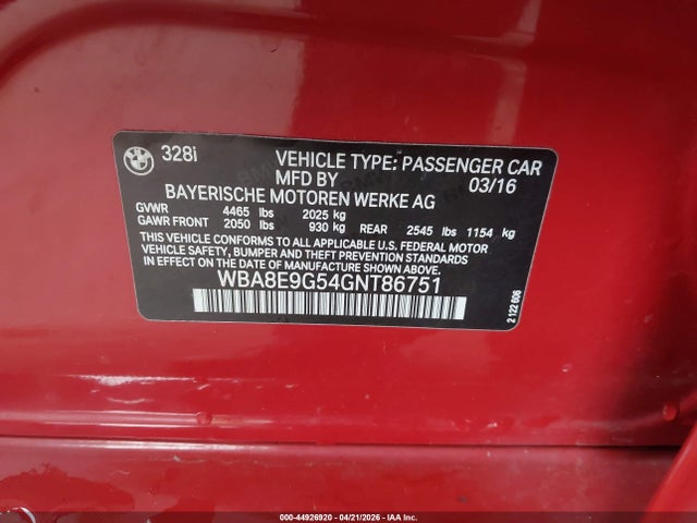2016 Bmw 328i მანქანა იყიდება აუქციონზე, vin: WBA8E9G54GNT86751, აუქციონის ნომერი: 44926920
